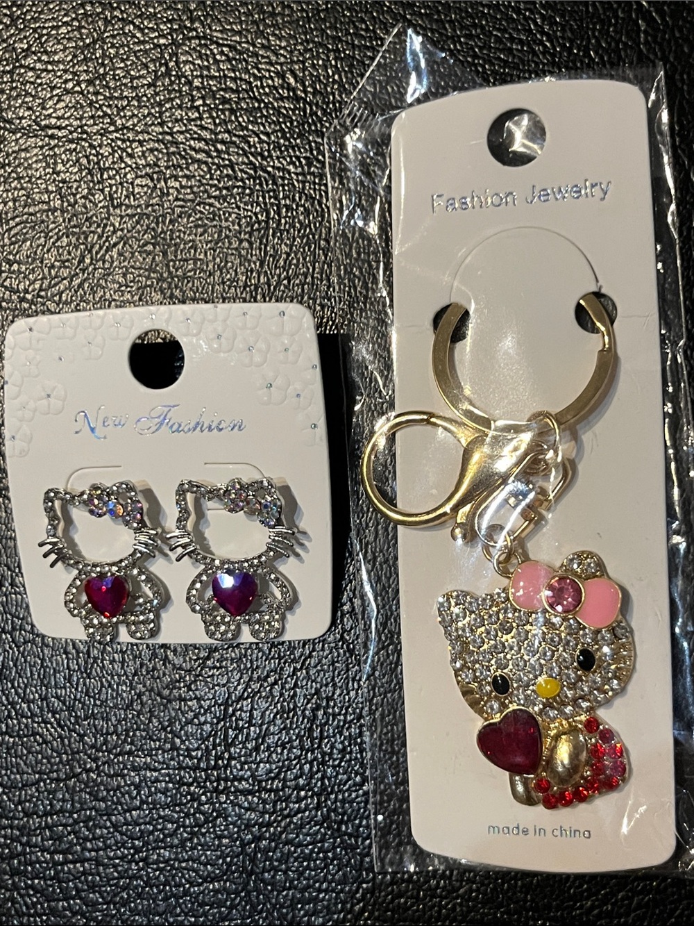 Hello Kitty-Inspired Pink & Gold Crystal Keychain and Earring Set